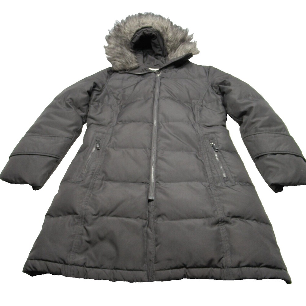 Calvin Klein Down Jacket Womens Medium Black Faux Fur Hood Full Zip Puffer Parka